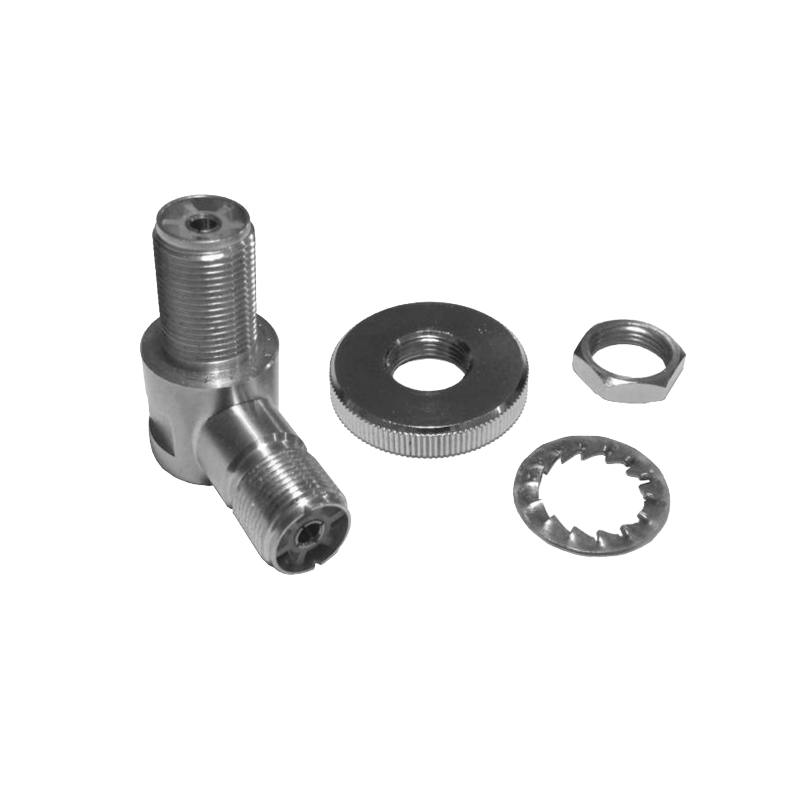 Sirio SO-239 haakse connector met twee UHF-Female (SO-239) connectoren en montagemateriaal