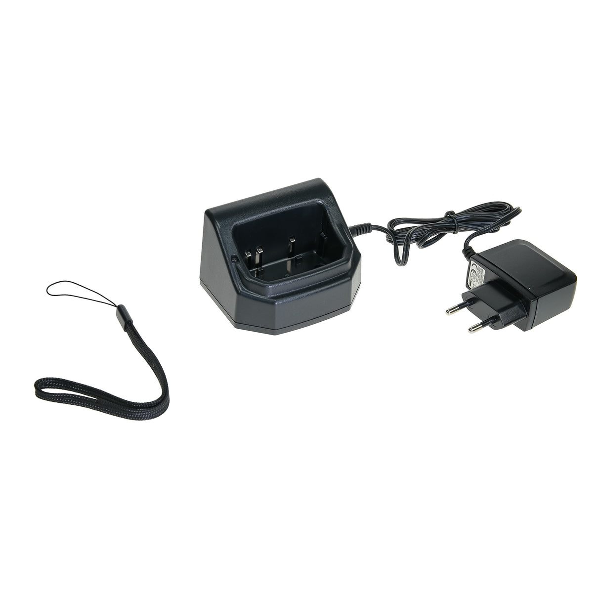 Himunication HM130 ATIS marifoon - de meegeleverde desktoplader, polsband en AC-adapter