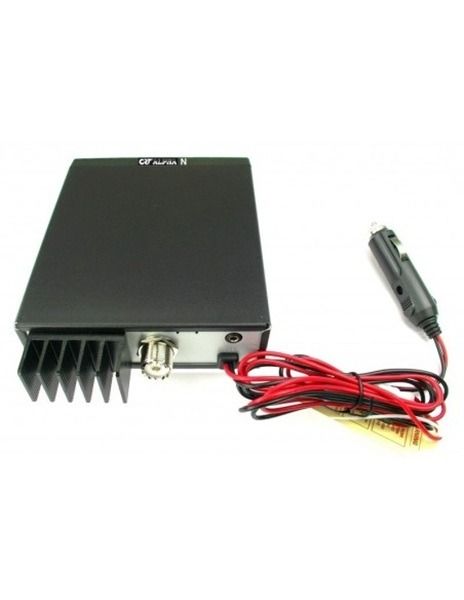 Achterzijde CRT ALPHA-N AM/FM 27MC bakkie met 12/24V voedingskabel met sigaretttenaansterkerplug