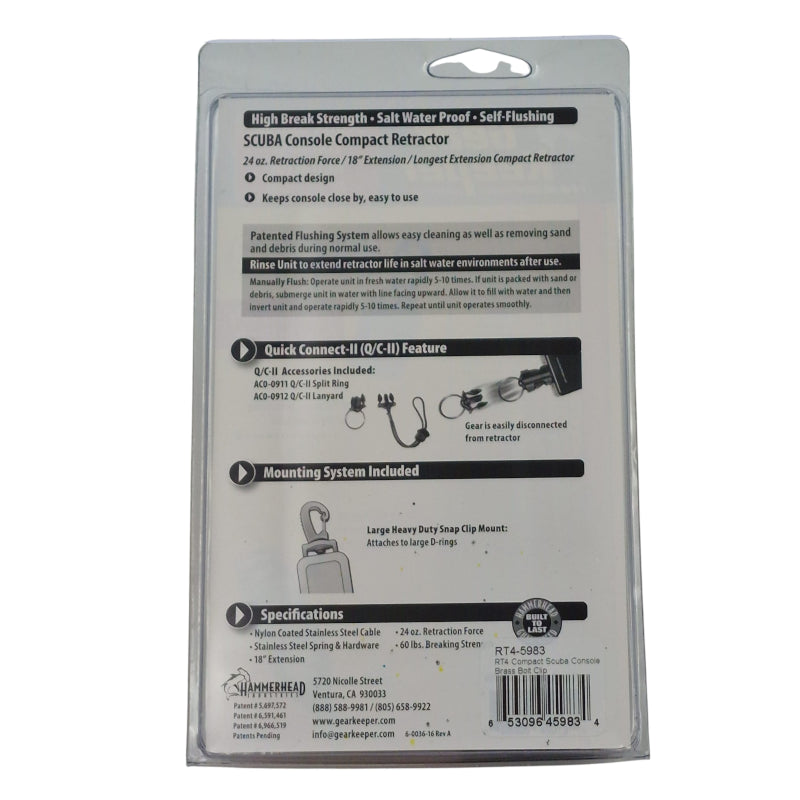 Achterzijde verpakking met instructies voor het gebruik van de Gear Keeper RT4-5983 retractor voor duikconsoles