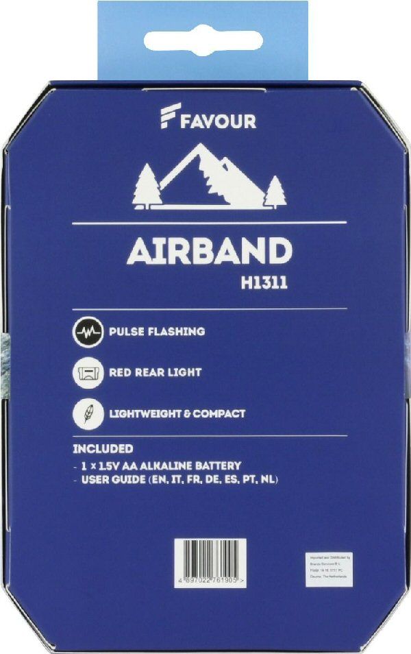 Achterzijde verpakking van de Favour H1311 hoofdlamp met rode achterlicht en witte voorlicht 55 lumen