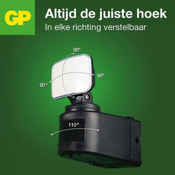 Instelbare hoek van de GP Safeguard RF1.1 draadloze led buitenlamp met bewegingssensor