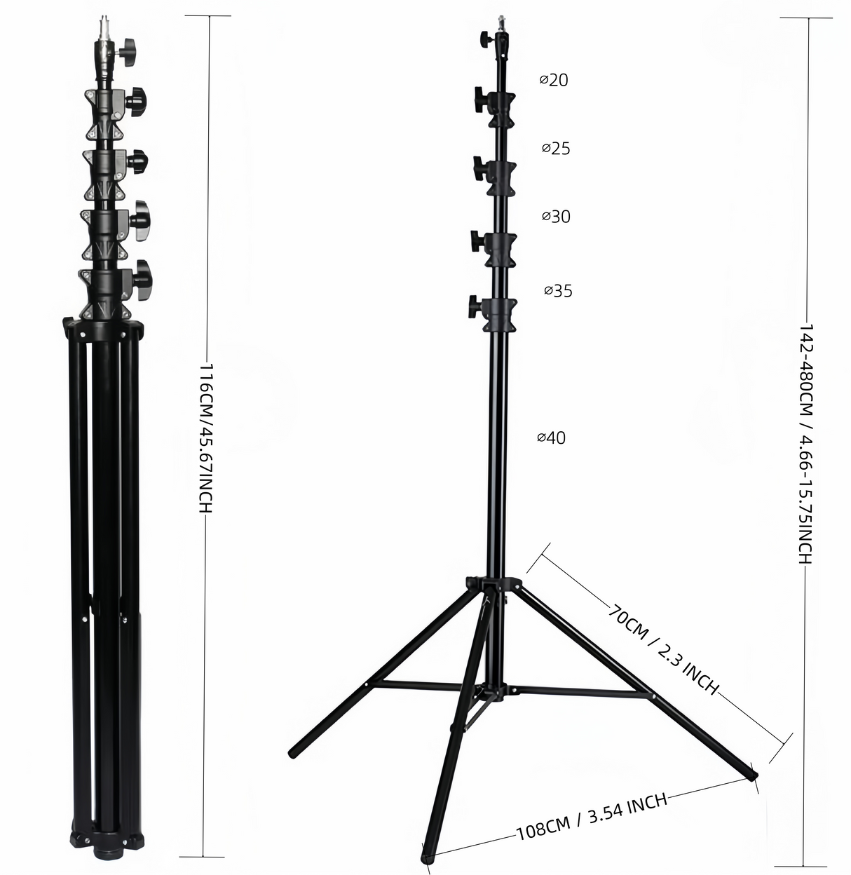 Afmetingen van de JNC-TP16 telesopische antennemast met tripod poot