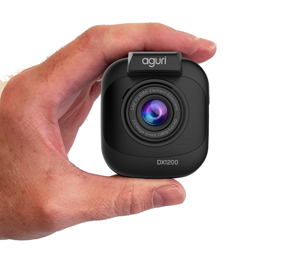 Aguri DX1200 dashcam in de hand van een persoon