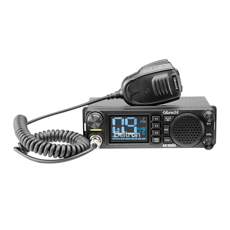 Albrecht AE-6390 27MC transceiver met groot display, front speaker en microfoon met spiraalsnoer
