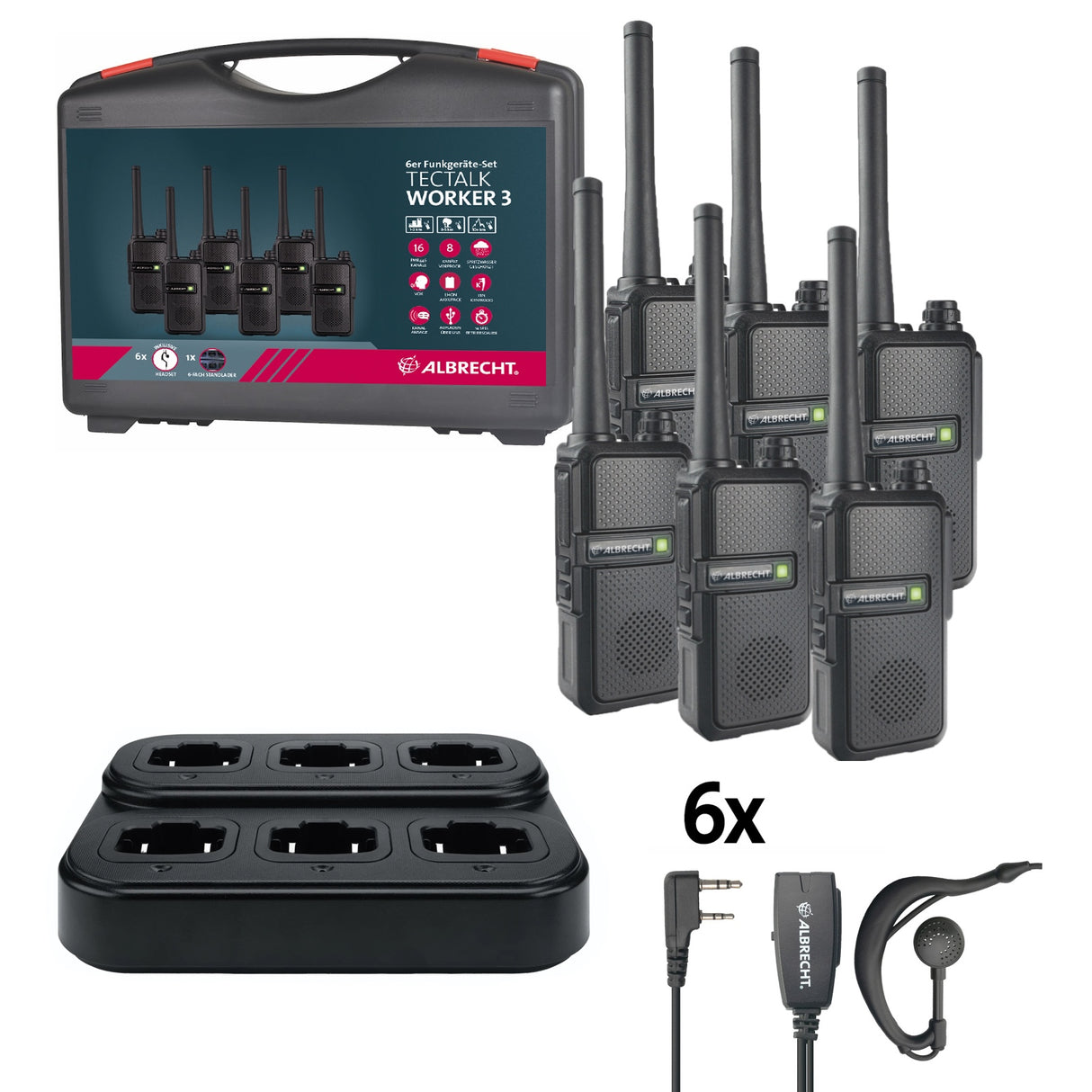 Albrecht TecTalk Worker III koffer met zes PMR446 portofoons, laders, accu's en headsets