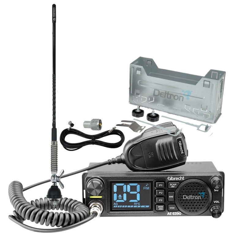 Albrecht Truckset 12/24V bestaande uit een Albrecht AE-6390, Sirio T4 27FME, 380cm coaxkabel met FME-connector, een PL-259 connector en een inbouwframe