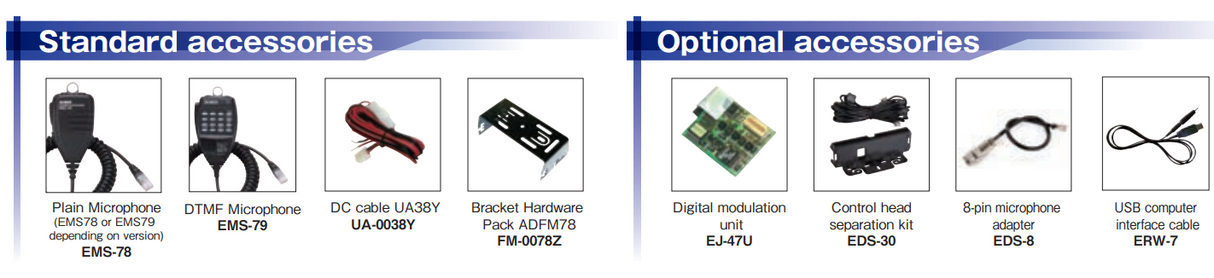 Standaard accessoires en optionele accessoires voor de Alinco DR-735E uhf/vhf transceiver