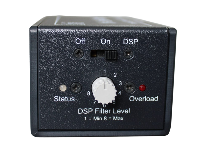 BHI In-Line noise cancelling DSP-module voorzijde met bedieningsknop en led