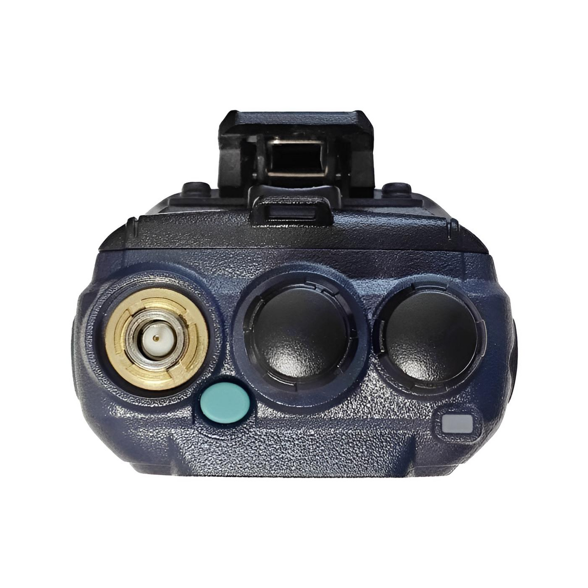 Bovenkant van de Anytone AT-D890UV portofoon met een SMA-Male antenne aansluiting, en de twee bedieningsknoppen