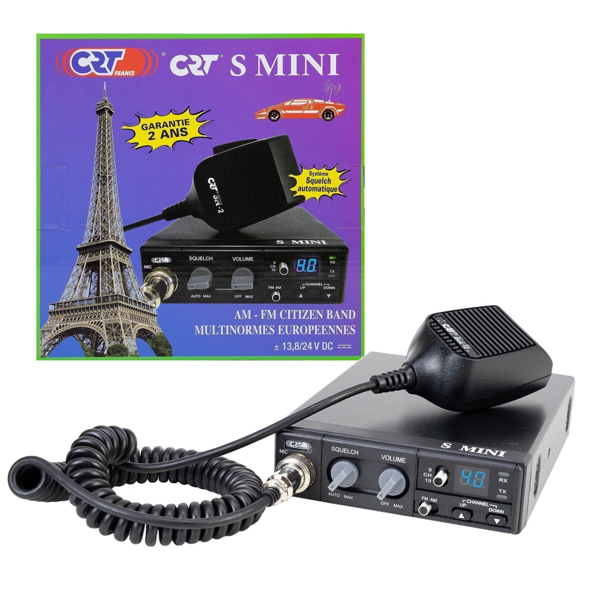 Originele verpakking en de CRT S-Mini dual voltage 27MHz CB transceiver voor mobiel gebruik