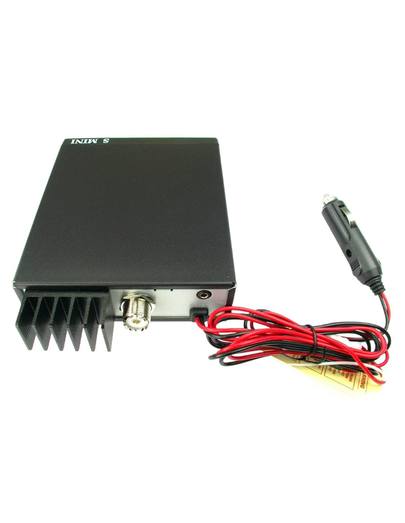 De achterkant van een CRT S-Mini 27MC Bakkie met dual voltage (12/24).