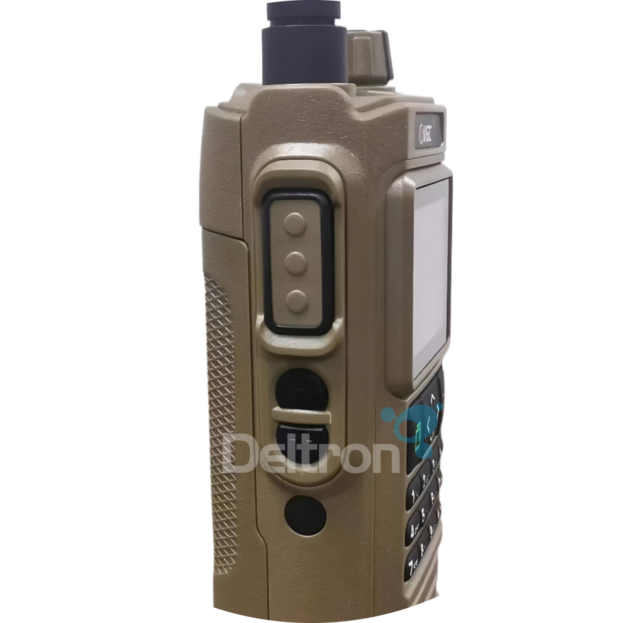 Close-up zijkant van de Vero VGC VR-N76 portofoon in de kleur desert, ook wel legergroen genoemd