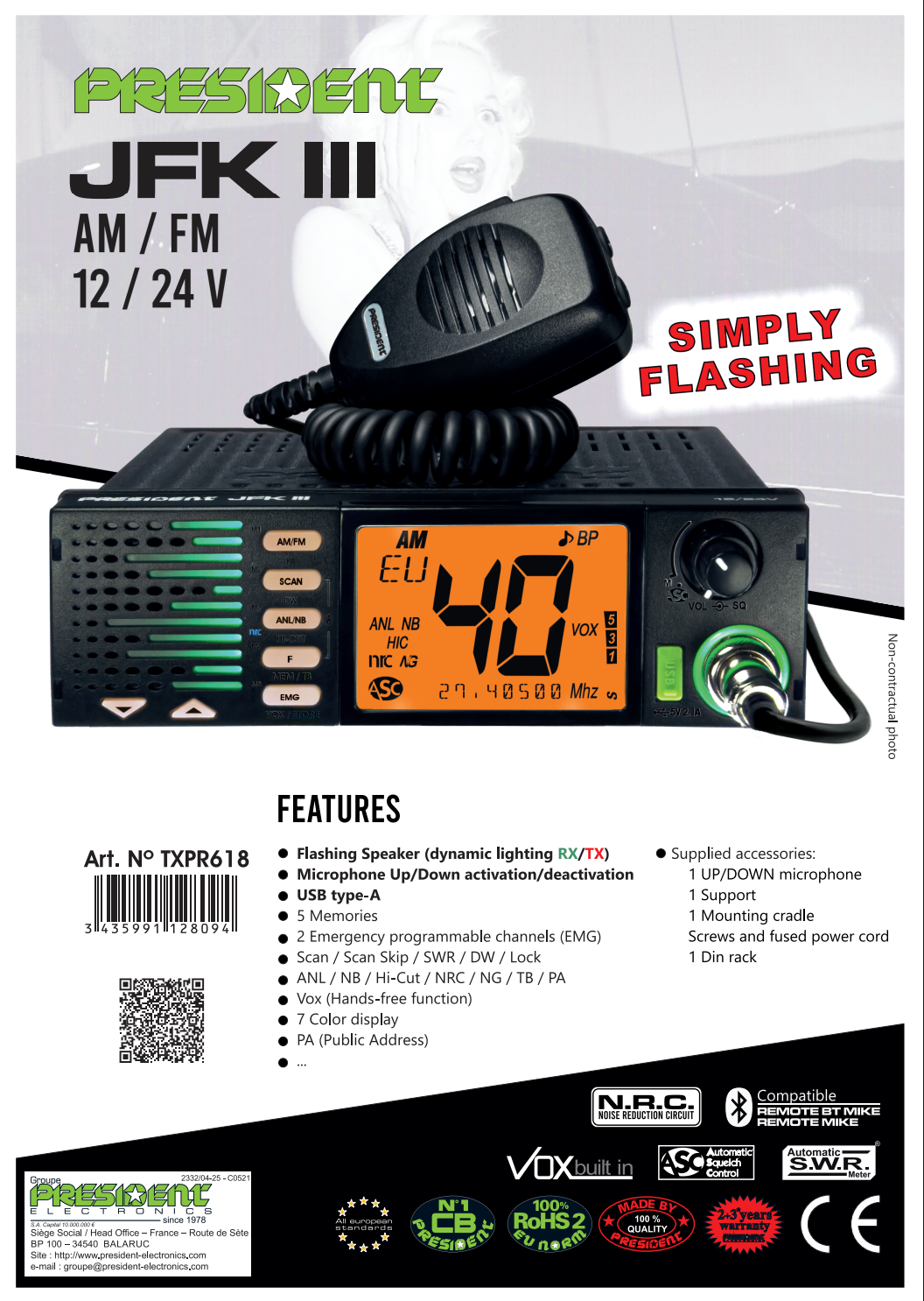 Datasheet van de President JFK-3 27MC transceiver met AM en FM voor 12V en 24V voedingsspanning