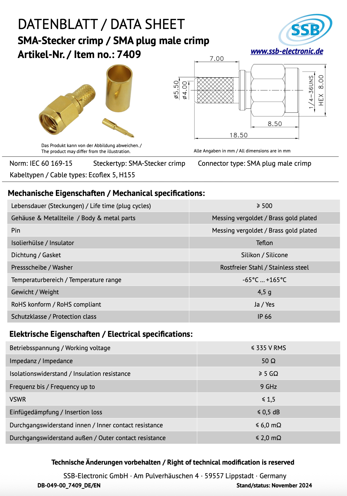 Datasheet van de SSB-7409 SMA-Male crimp voor Ecoflex-5 en H155 coaxkabel