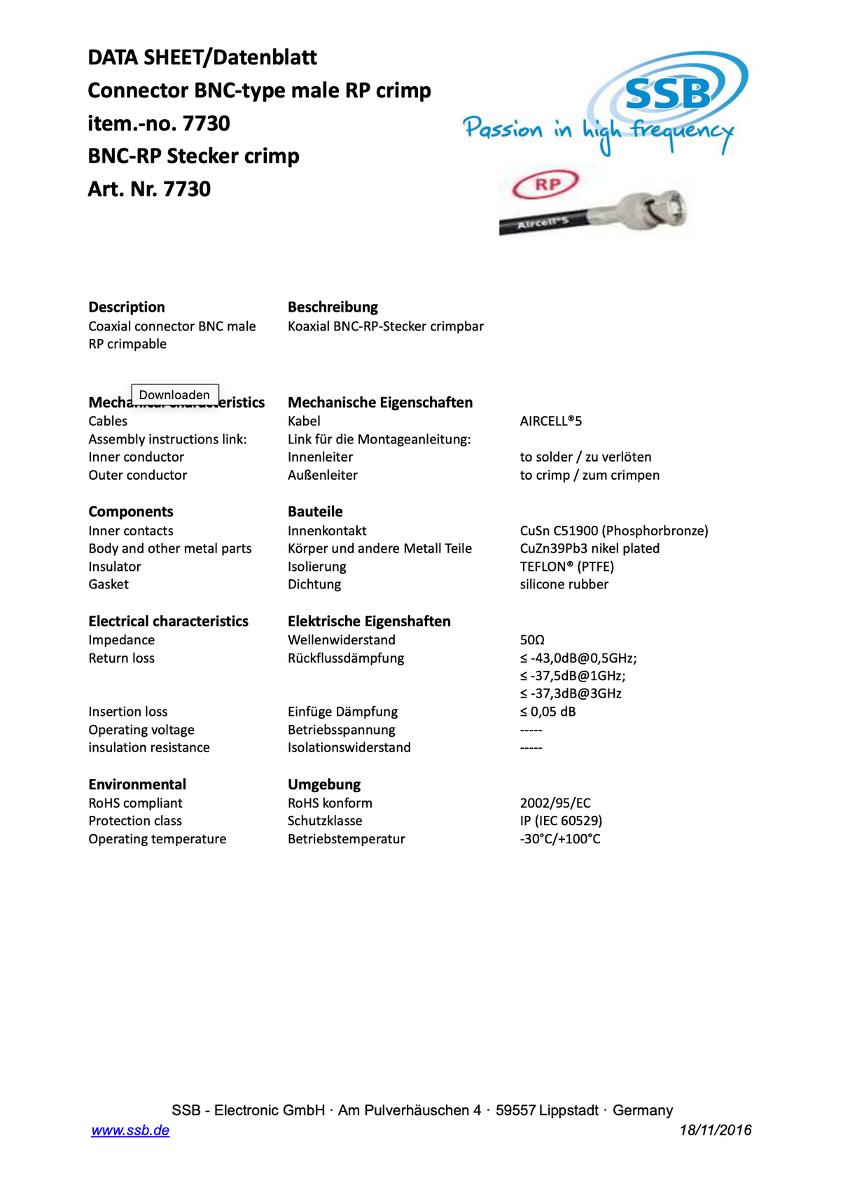 Datasheet SSB 7730 BNC Reverse Polarity connector voor Aircell-5 coaxkabel