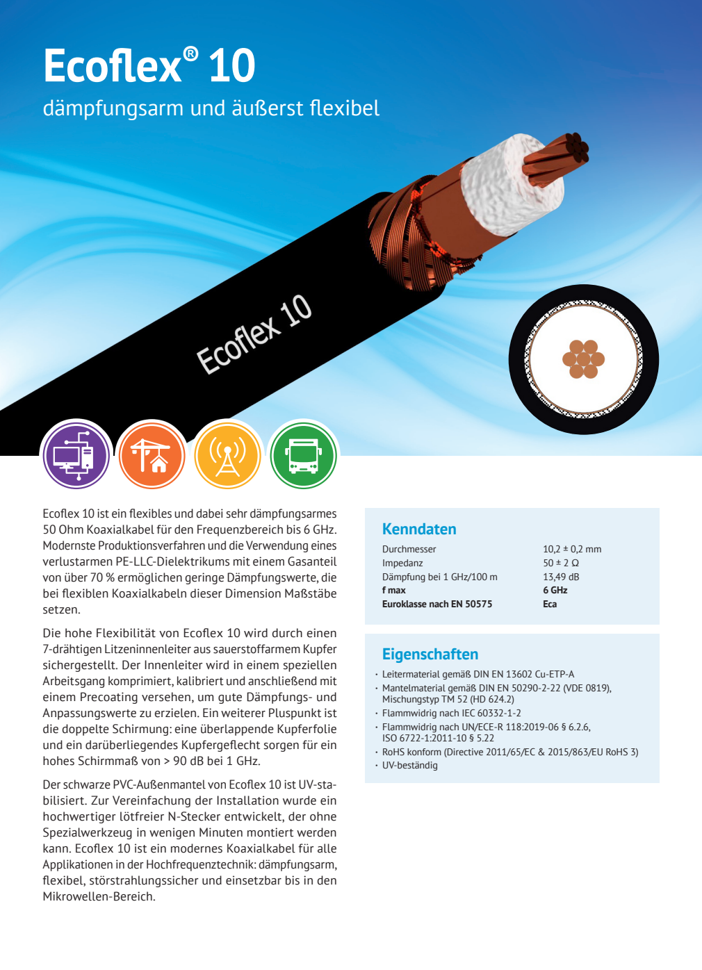 Datasheet van de Ecoflex-10 coaxkabel van het Duitse merk SSB