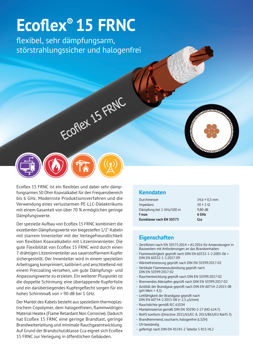 Datasheet an de Ecoflex-15 FRNC coaxkabel van het Duitse merk SSB