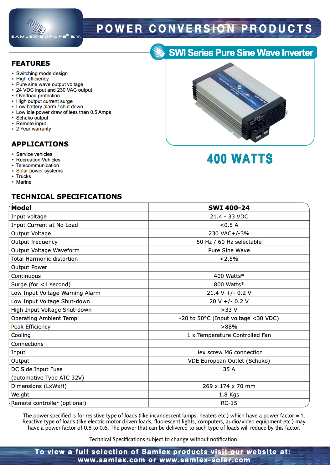 Datasheet van de Samlex SWI 400 zuivere sinus omvormers