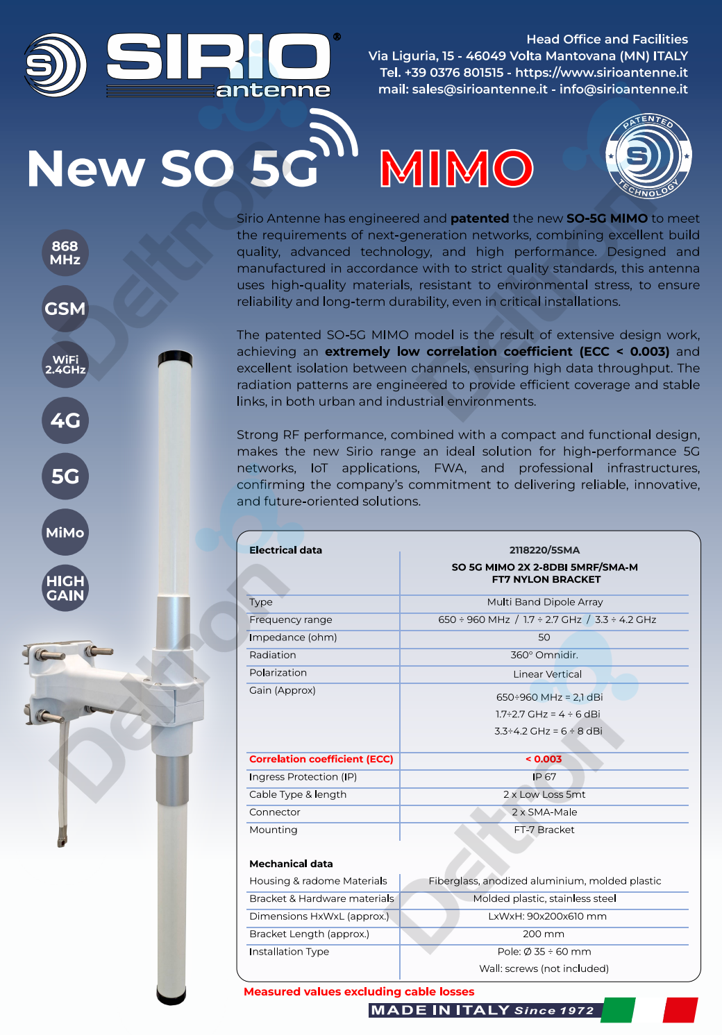 Sirio SO 5G MiMo 8 dBi FT-7 RG58