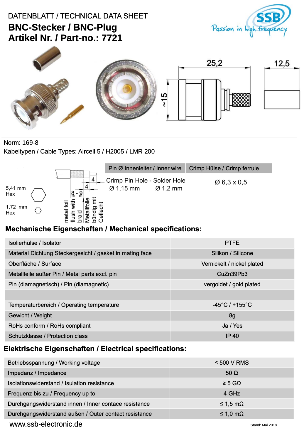 Datasheet SSB-7721 BNC-connector voor Aircell-5, H2005 en LMR200 coax kabel