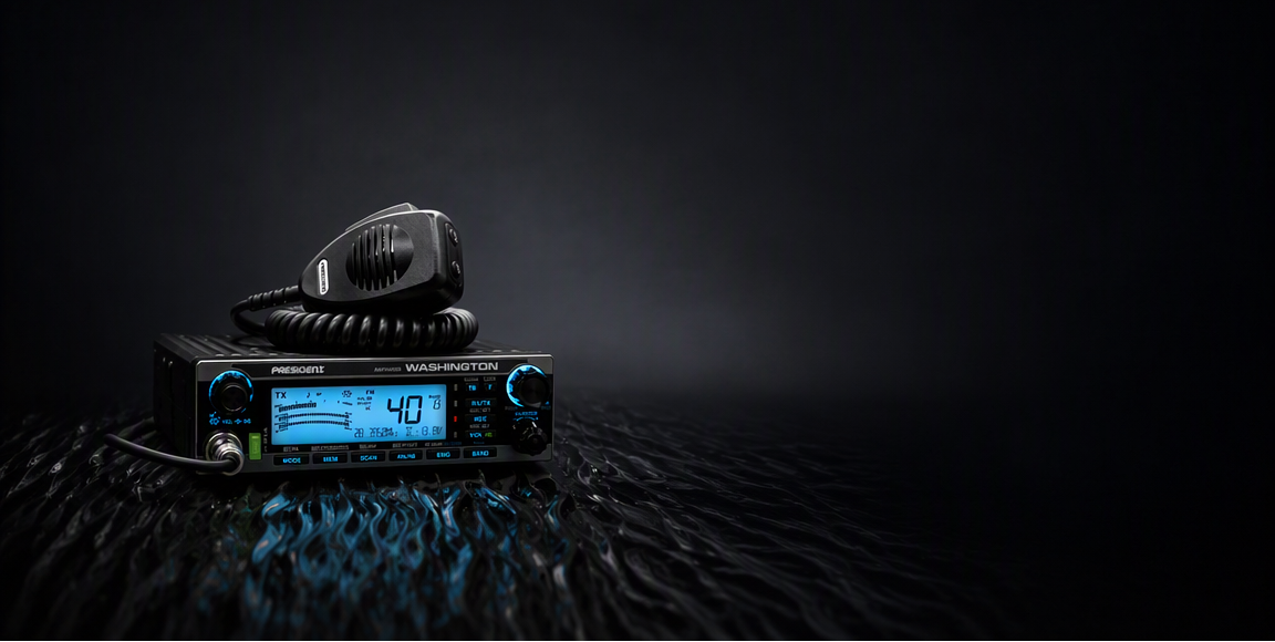 President Washington 27MHz CB transceiver met blauw verlicht display op kanaal 40 en een handmicrofoon bovenop de transceiver