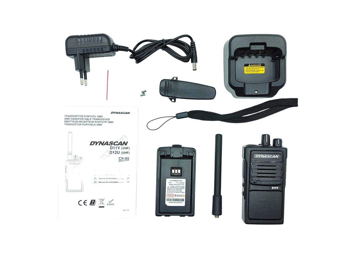 Dynascan DV11 draagbare digitale uhf transceiver met meegeleverde accessoires