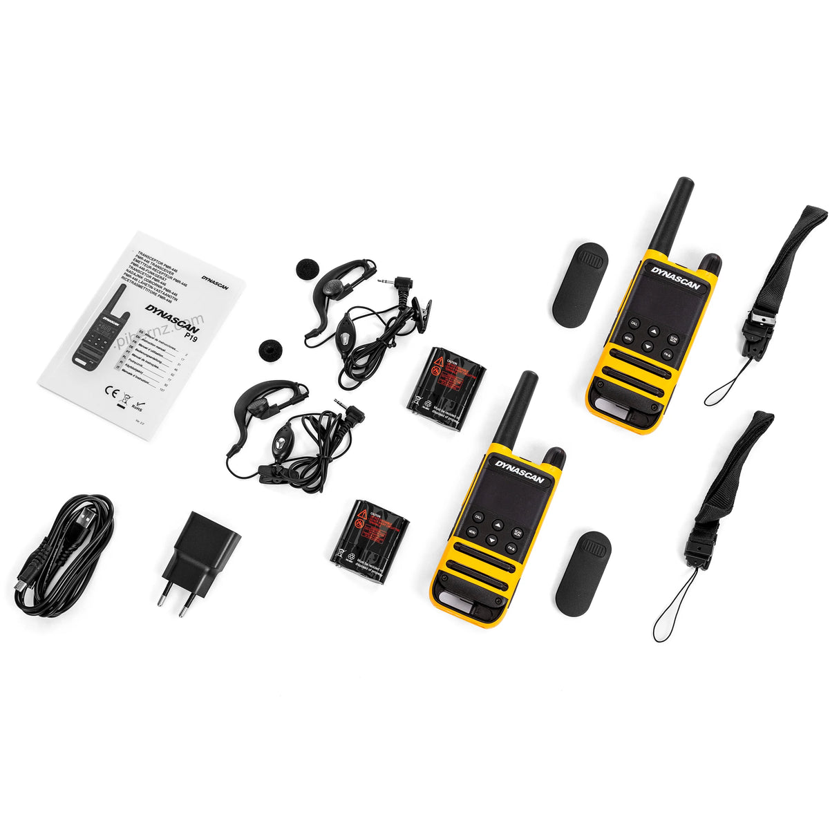 Dynascan P19 PMR446 walkie talkie set van twee stuks met meegeleverd accessoires