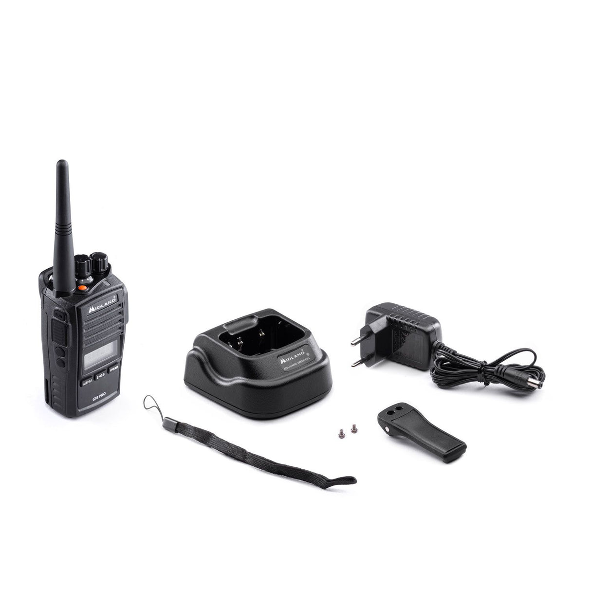Midland G18 Pro PMR446 transceiver met meegeleverde accessoires