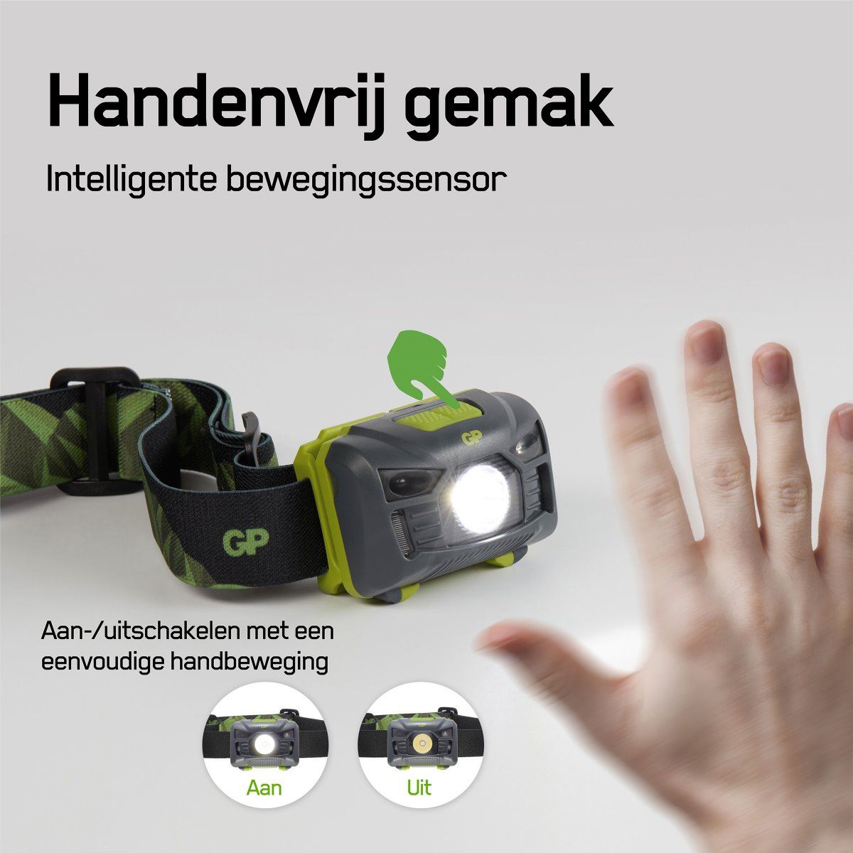 Met de GP CH34 hoofdlamp met aan/uit sensor kun je met je handen vrij werken