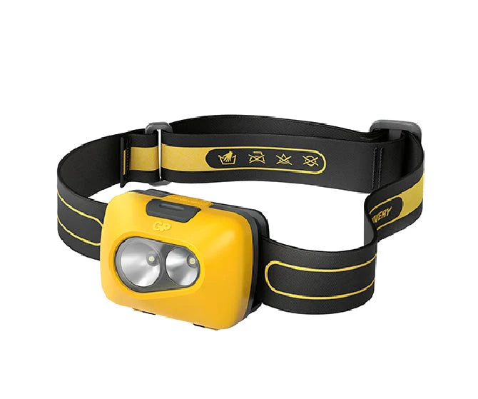 GP hoofdlamp CH42 uitgevoerd in het geel met comfortabele verstelbare zwarte hoofdband met gele details