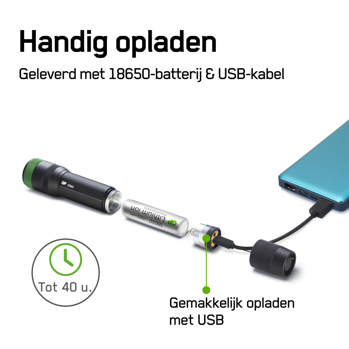 GP CR41 zaklamp met meegeleverde oplaadbare batterij die op te laden is via de meegeleverde usb-kabel aan bijvoorbeeld een powerbank