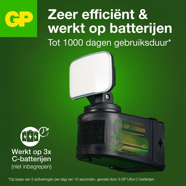 Gebruiksduur van een GP Safeguard RF1.1 draadlozen led-buitenlamp met bewegingssensor