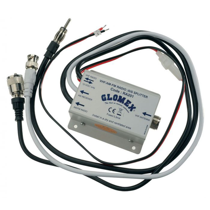 Glomex RA201 antenne-splitter voor VHF, AIS en AM/FM-radio met ingebouwde voorversterker en 100W vermogen