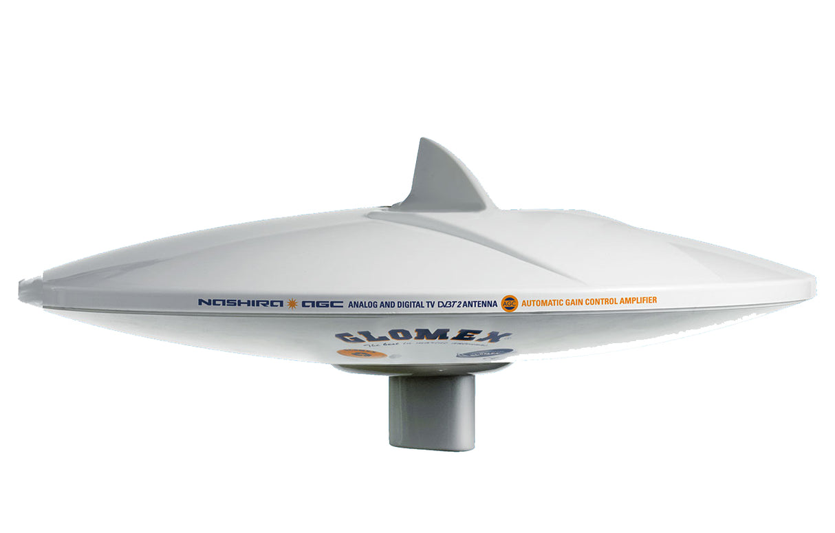 Glomex Nashira AGCU maritieme TV-antenne met automatische signaalversterking en shark fin-design.