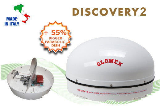 Compacte Glomex Discovery 2 DVB-S2 antenne met voorgeprogrammeerde satellieten Astra en Hotbird