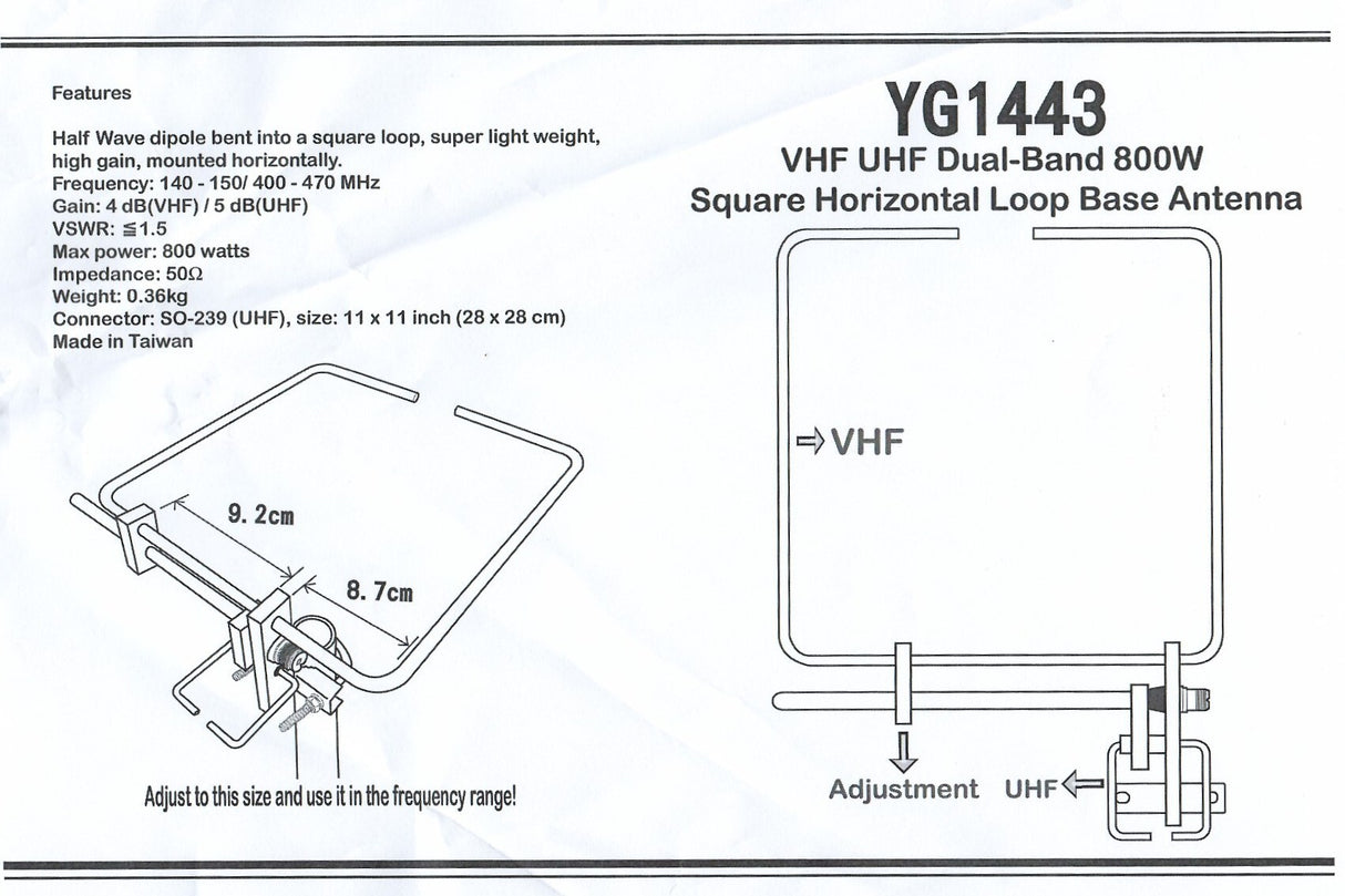 Datasheet en instructies voor de HamKing YG-1443 dual-band yagi loopantenne voor de UHF en VHF band