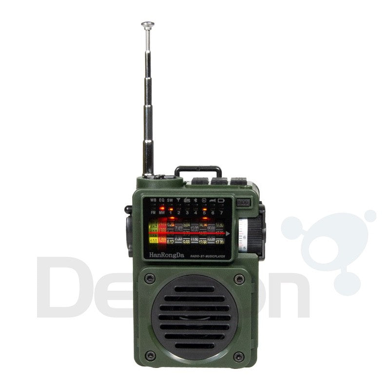 HanRongDa HRD-700 wereldontvanger voorzijde met telescopische antenne en draag handvat