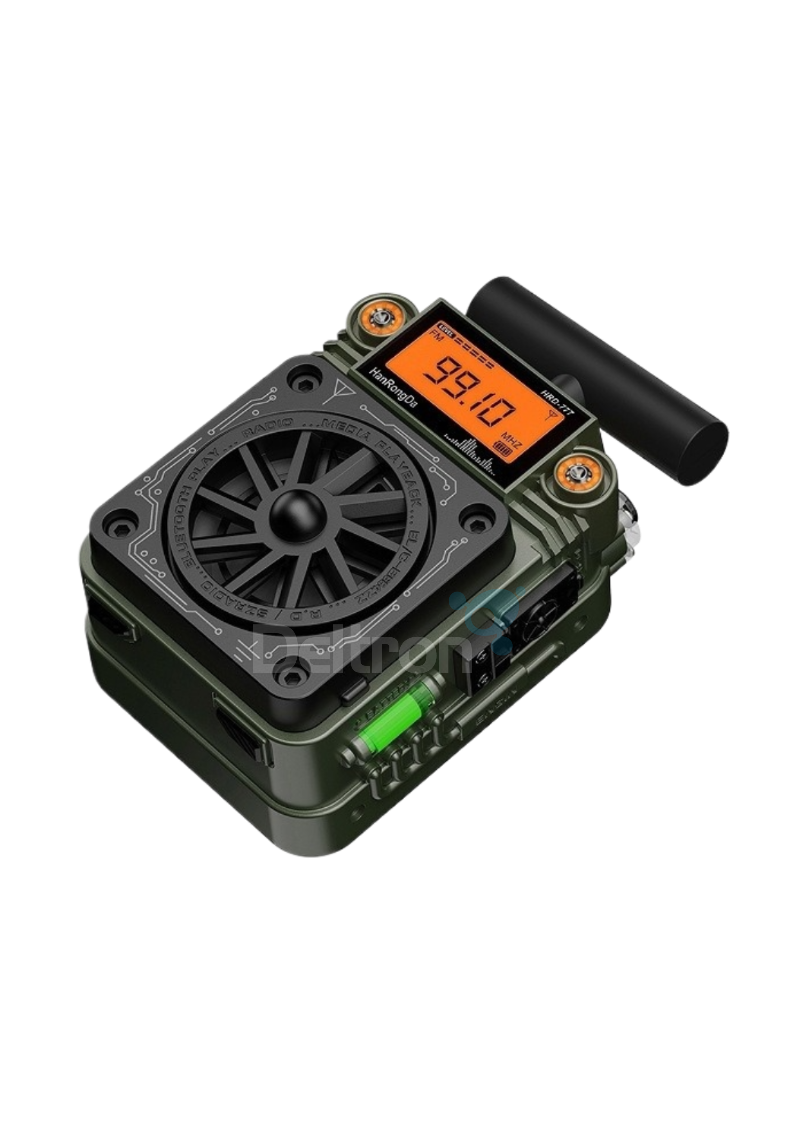 HanRongDa HRD-777 wereldontvanger met vingerbediening voorop en groot LCD-display met oranje achtergrond verlichting