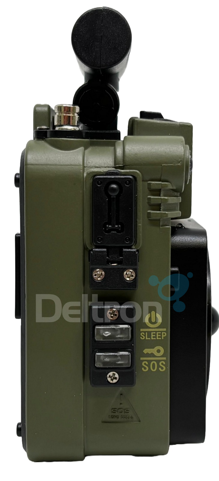 HanRongDa HRD-777 noodradio zijkant. In legergroen aluminium met app-besturing