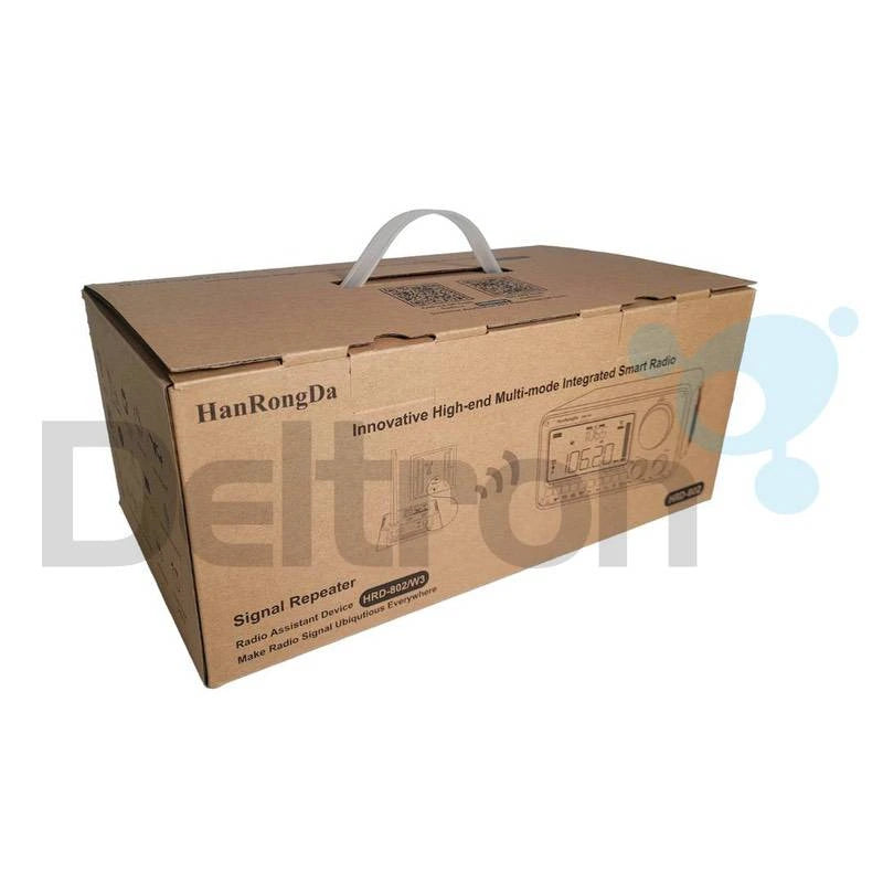 Verpakking van de HanRongDa HRD-802 multi-band radio met een bandbreedte van FM, AM, LW, MW, SW, VHF/UHF en airband