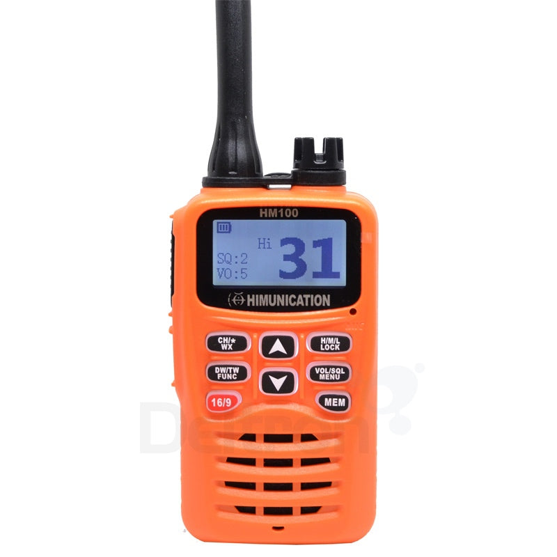 Himunication HM100 marifoon met ATIS. Oranje behuizing en duidelijk display