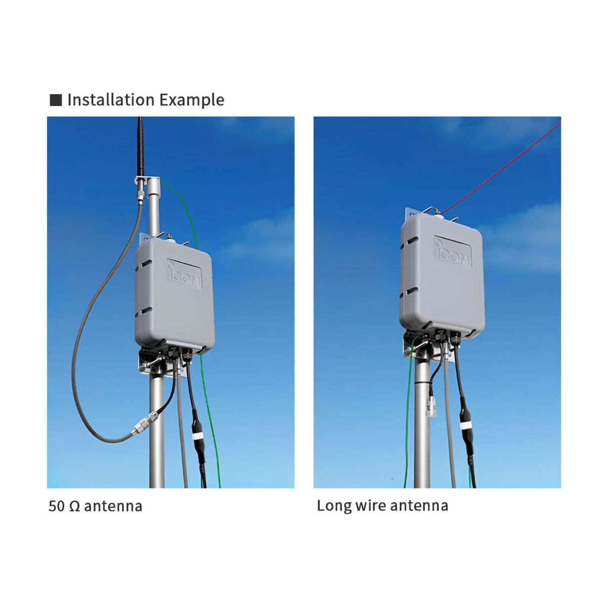 Icom AH-6 automatische antenne tuner gemonteerd aan een 50 ohm antenne en aan een long wire antenne