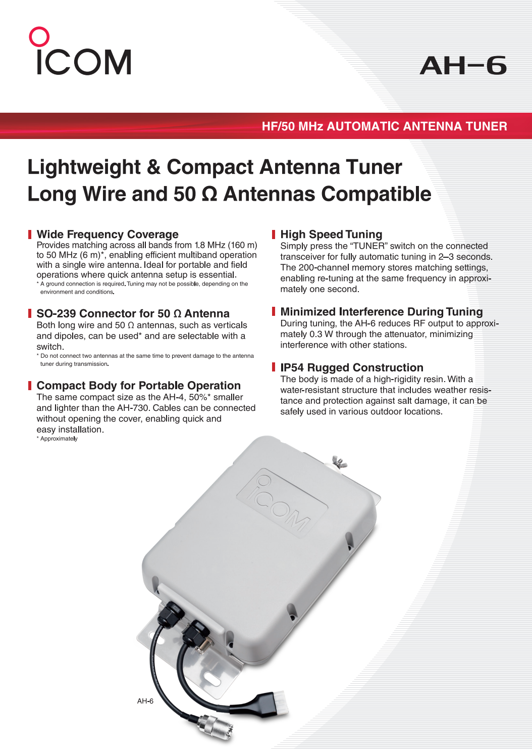 Flyer Icom AH-6 lichtgewicht en compacte antenne tuner voor long wire en 50 ohm antennes