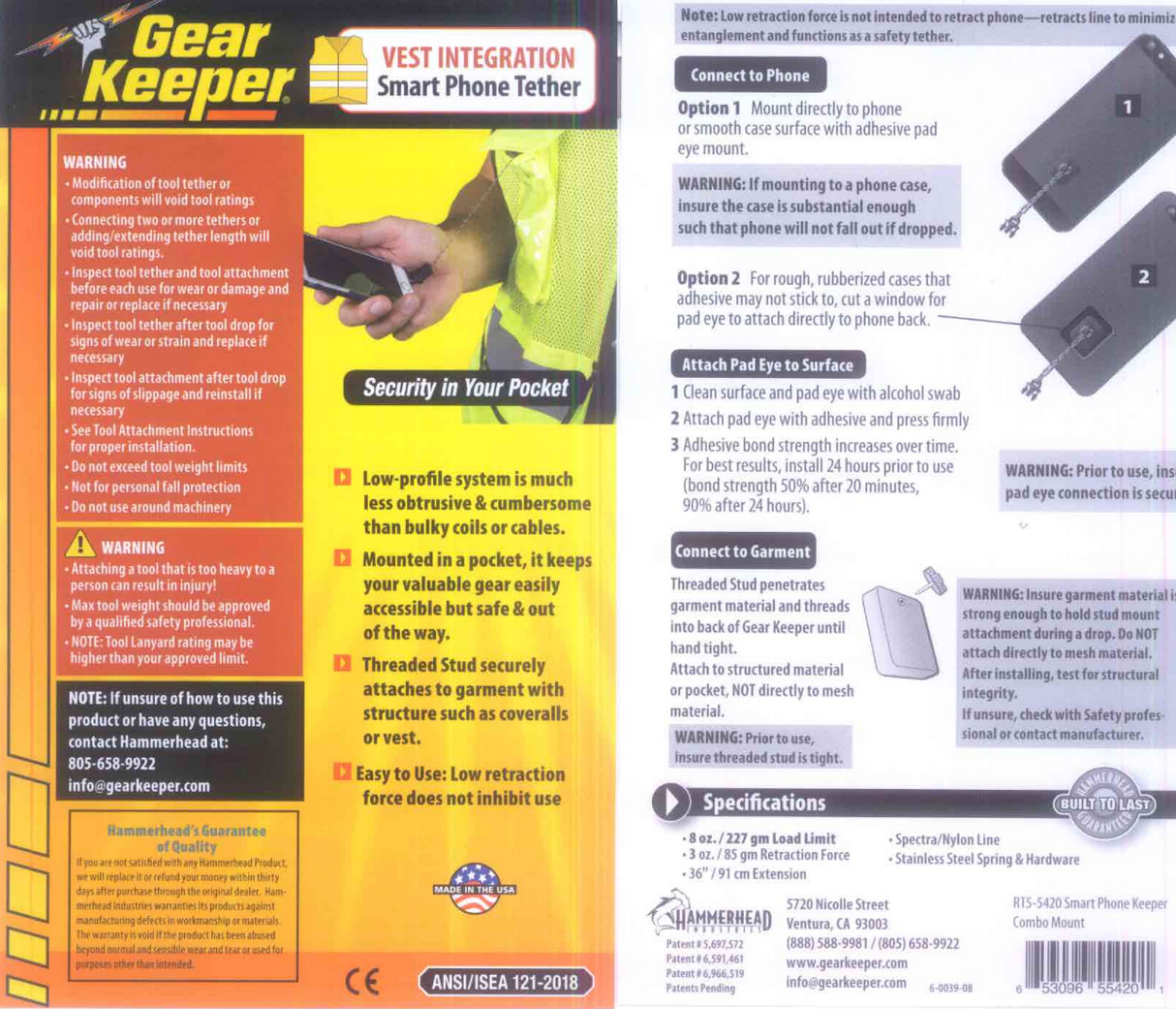 Verpakking en instructies van de Gear Keeper RT5-5420 retractor voor smartphones veilig bevestigd aan je veiligheidsvest of reflectievest