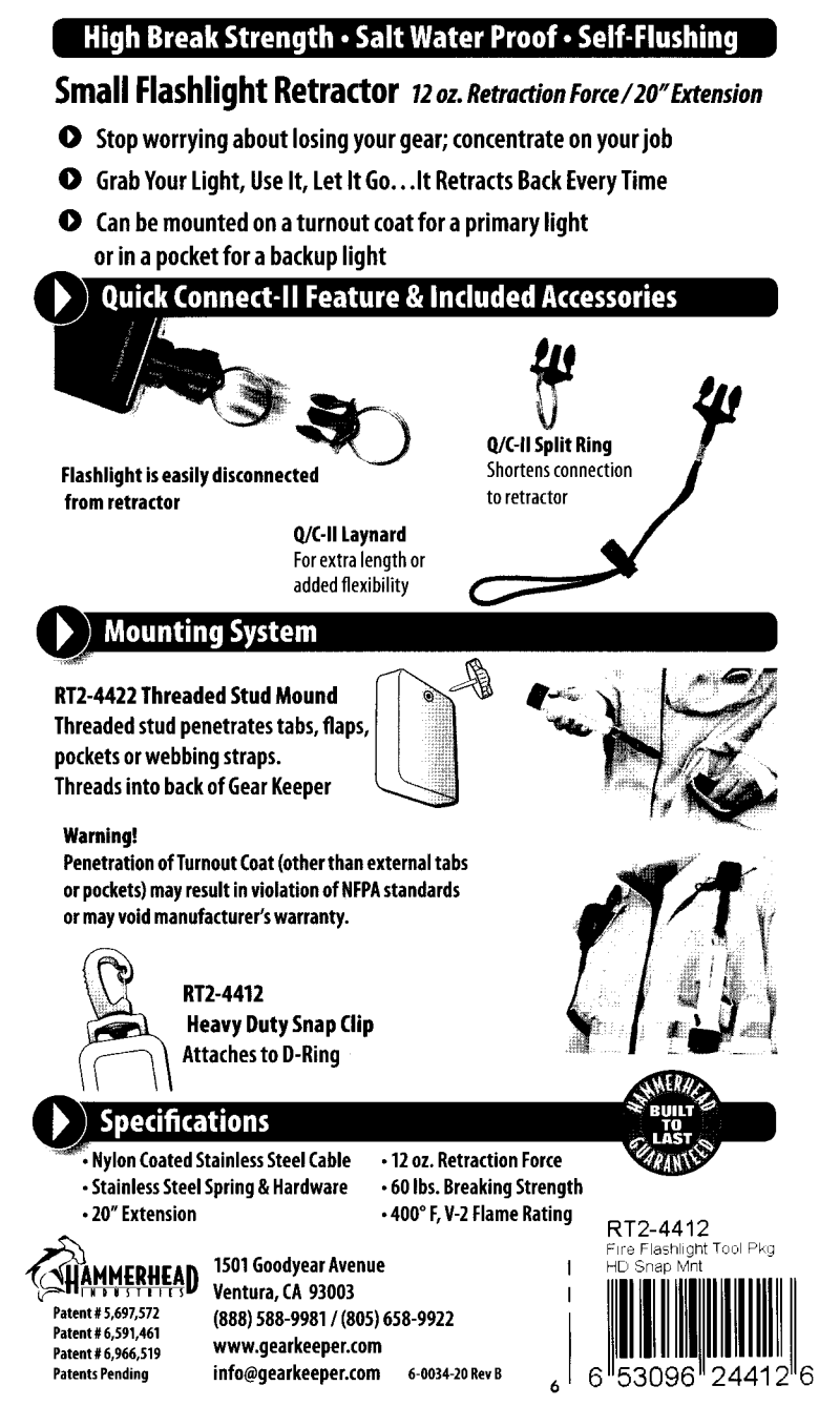 Instructies voor het gebruik van de Gear Keeper RT2-4412 een hittebestendige retractor tot 204 graden celcius speciaal voor de brandweer