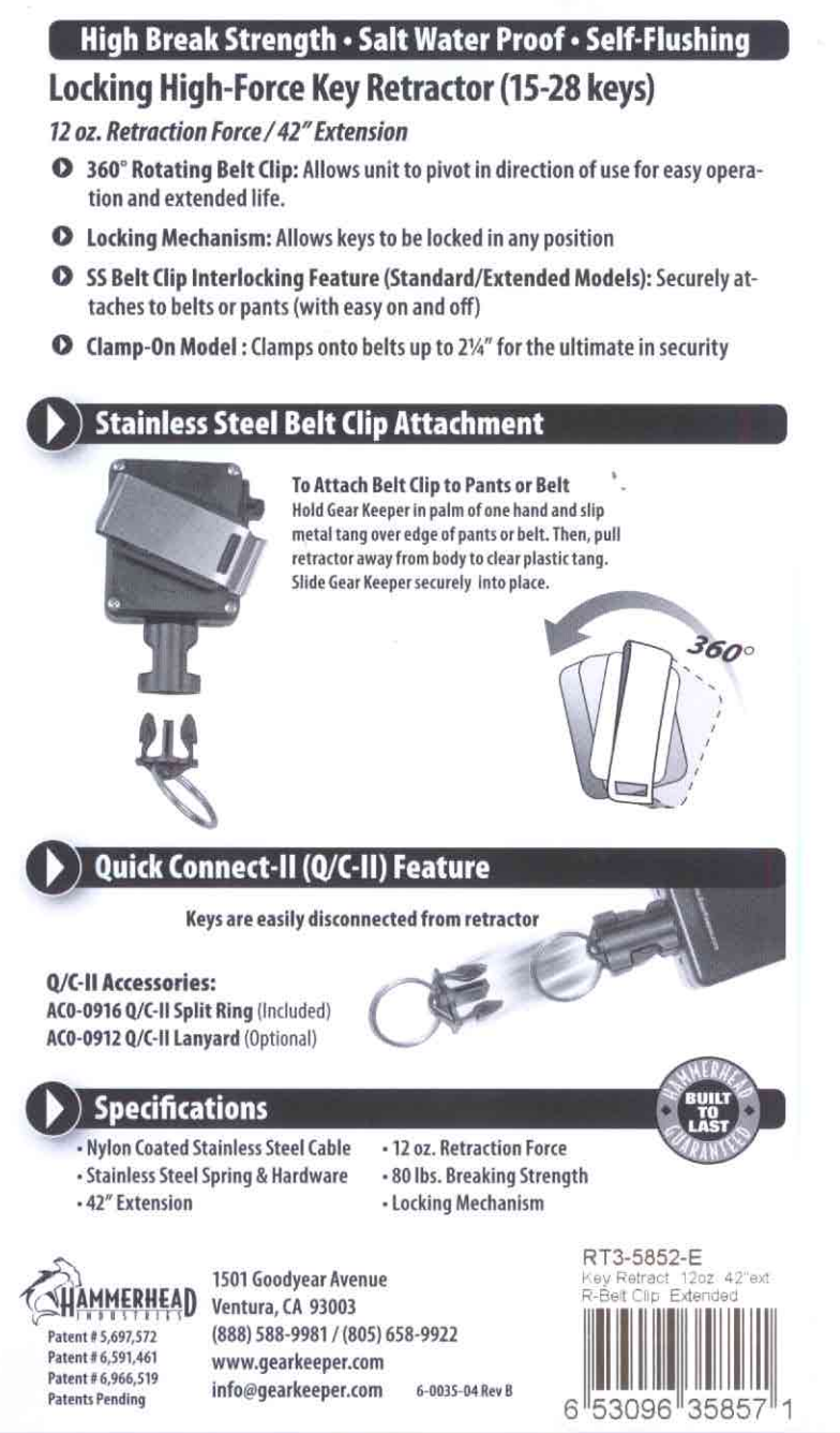 Instructies voor het gebruik van een Gear Keeper RT3-5852-E retractor voor sleutelbossen, tools of gebruiksvoorwerpen tot een gewicht van 340 gram