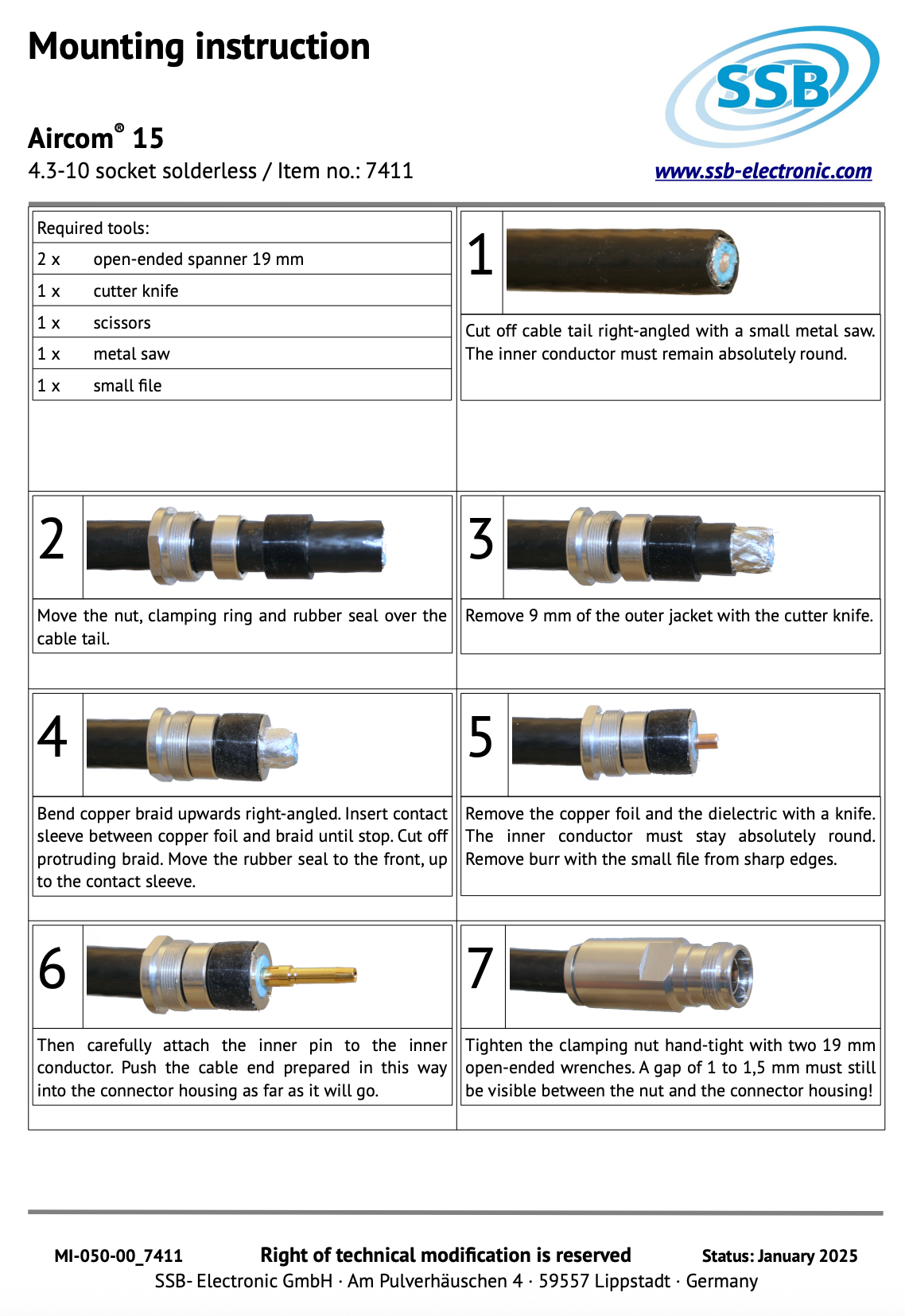 Instructies voor het monteren van de SSB 7411, 4.3-10 Female connector voor Aircom-15 coaxkabel