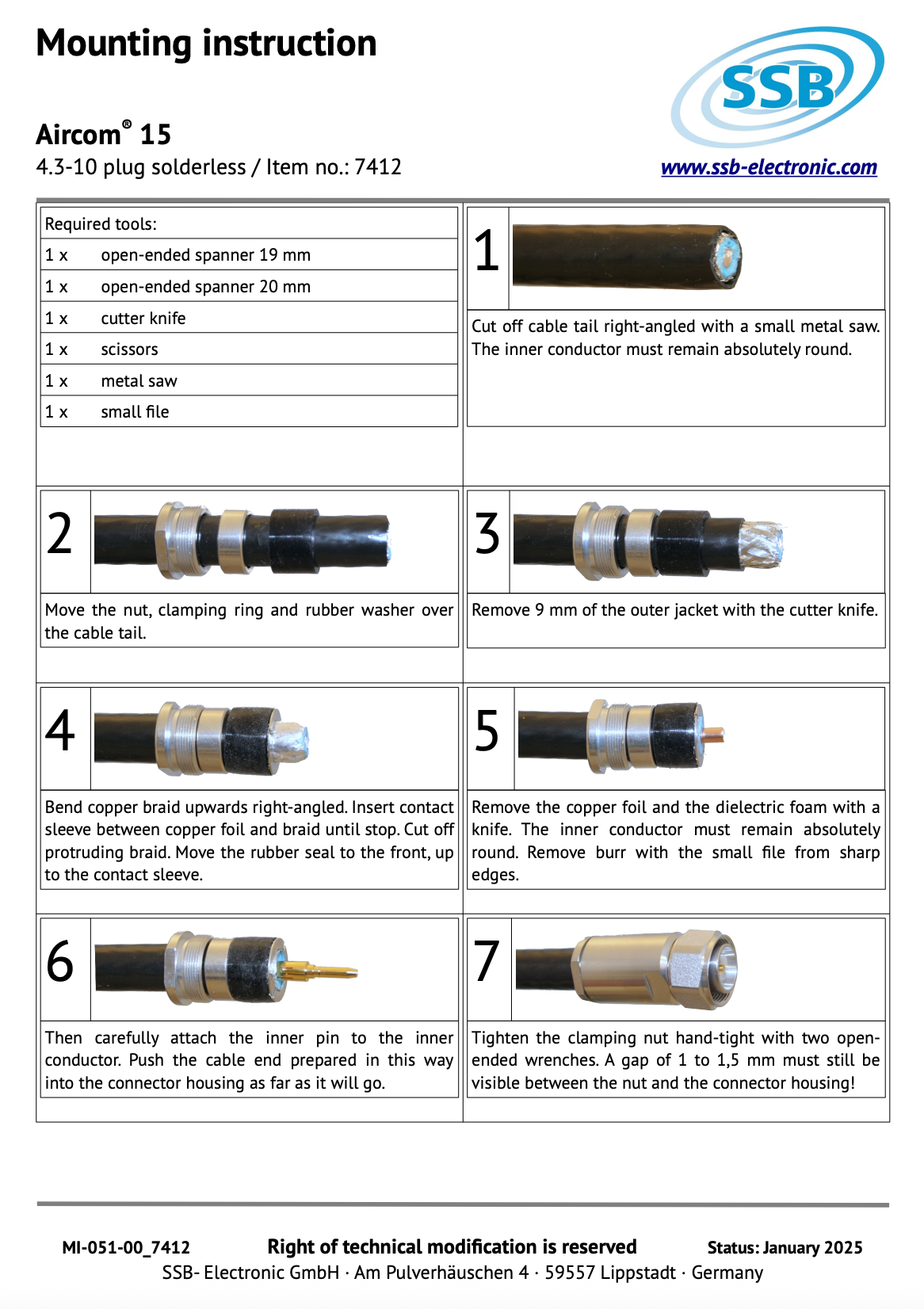 Montage instructies voor de SSB 7412 een 4.3-10 Male connector voor Aircom-15 coax kabel