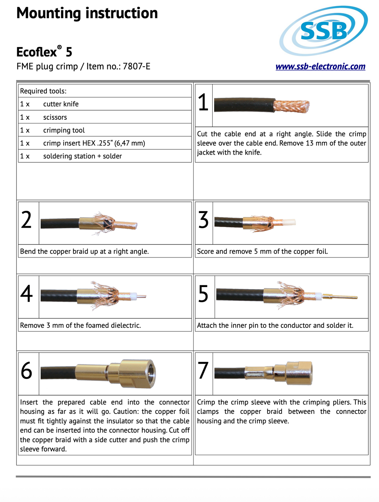 Instructie handleiding voor het monteren van een SSB 7807E FME-connector aan een Ecoflex-5 coax kabel